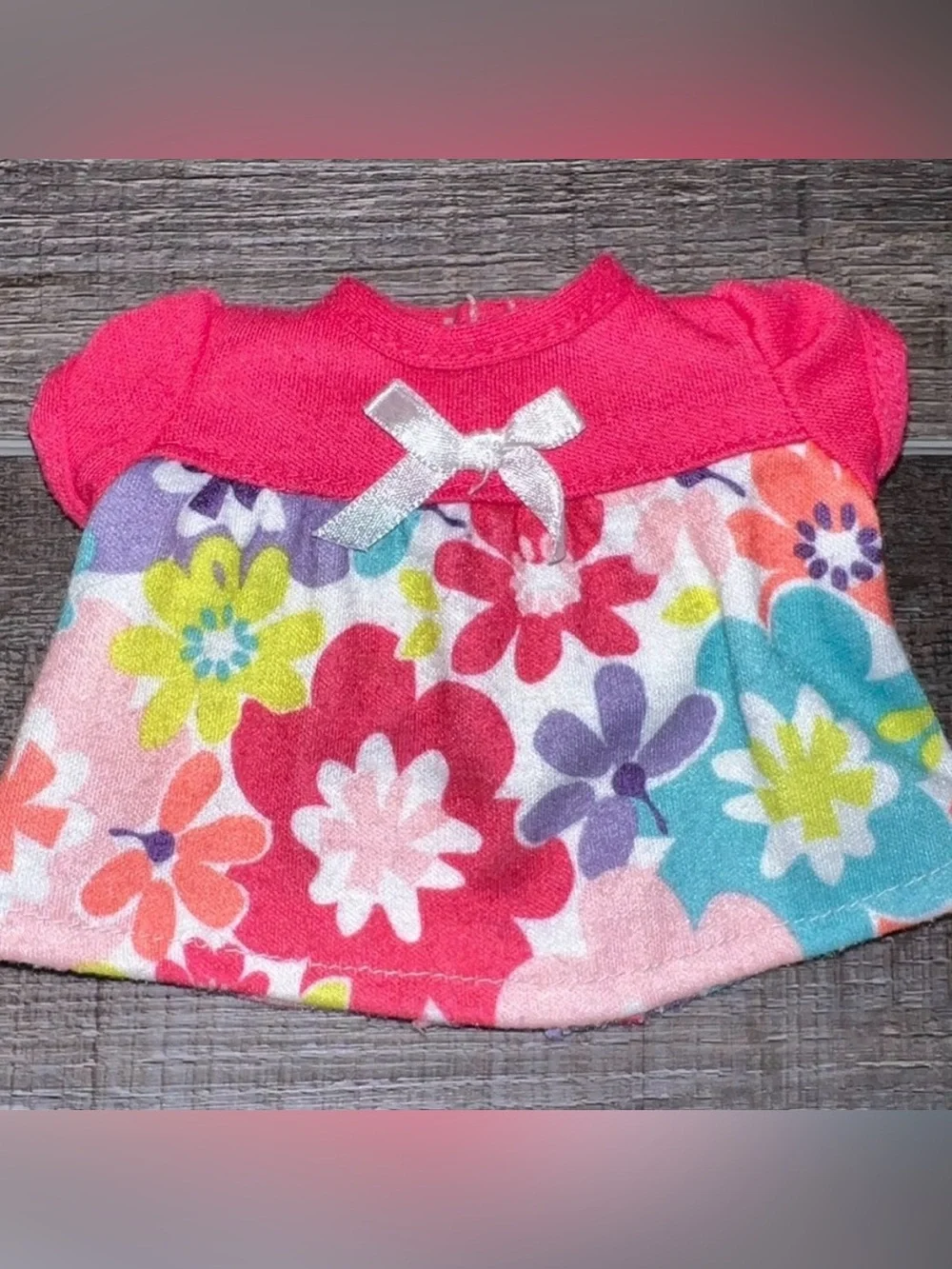 💞 Bright Pink Floral Baby Doll Top with Bow for Toy Dolls